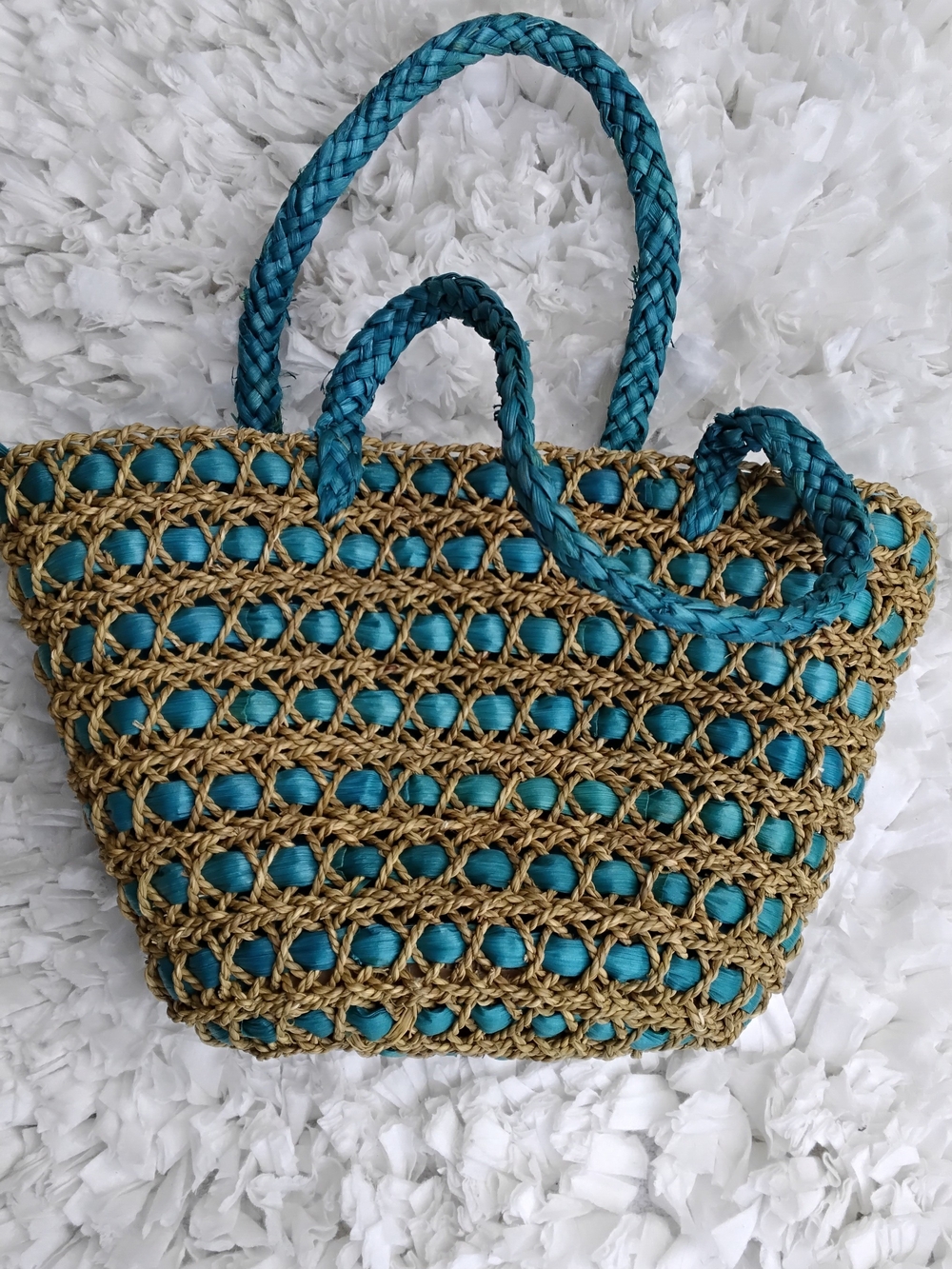 Teal and Natural Woven Tote Bag - Stylish Women’s Beach Bag